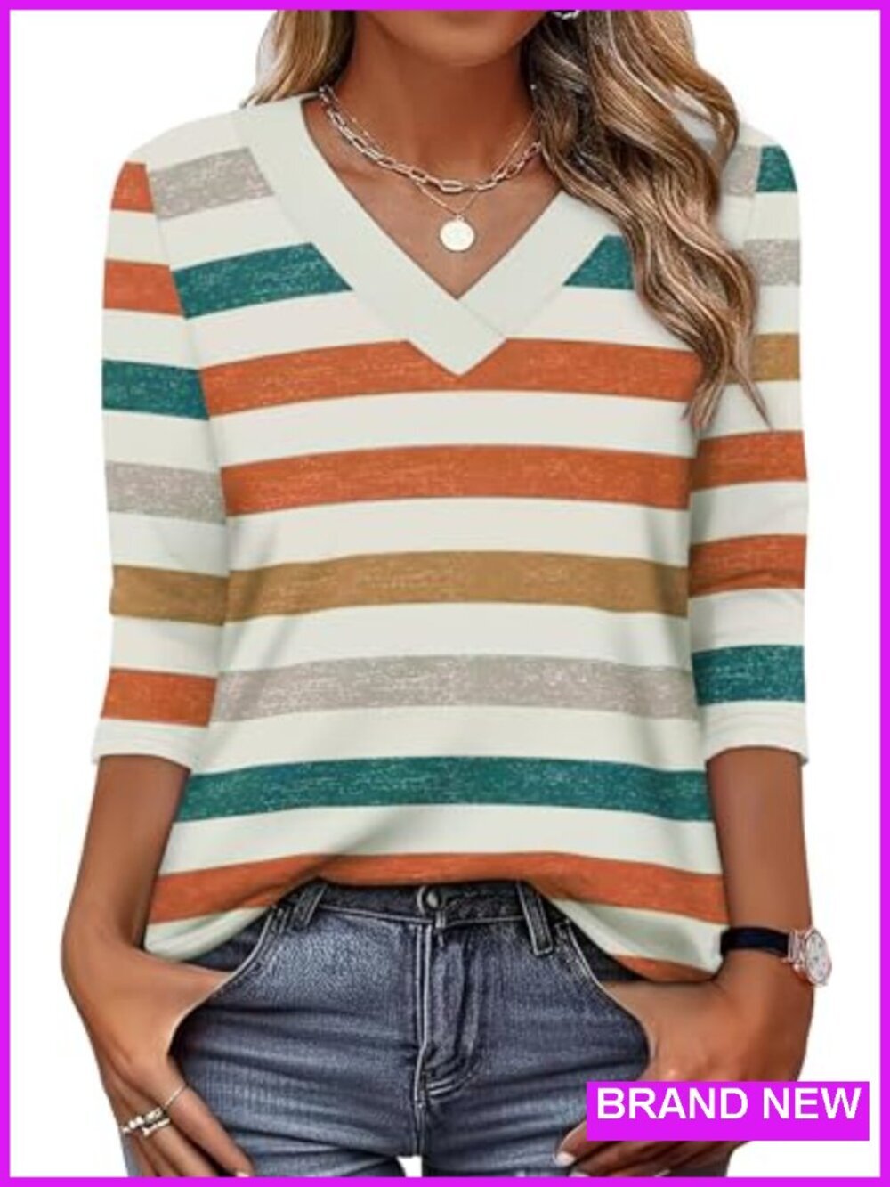 3/4 Sleeve V Neck T Shirts Basic Blouses Dressy Casual Spring Tops